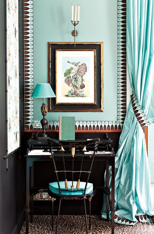 This little corner study uses touches of aqua and stunning fabric to make a statement