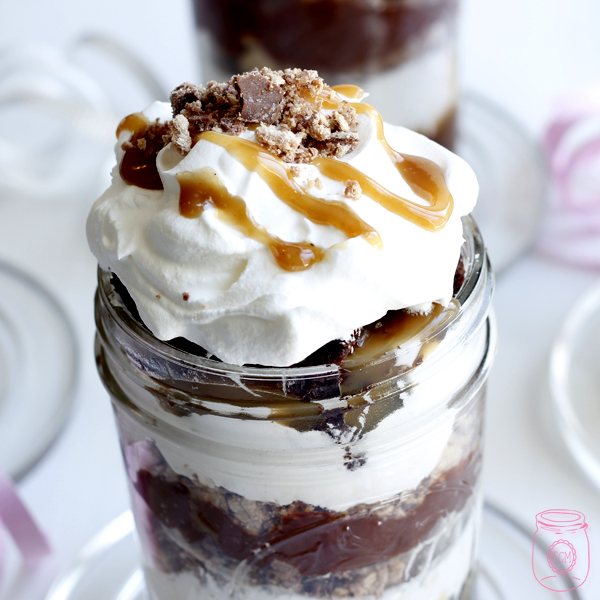 The chocolate in this dessert parfait pairs well with the caramel sauce. 