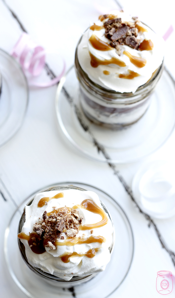 These salted caramel parfaits are topped with brushed Kit Kat bars. 