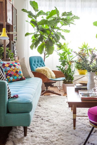 The aqua couch and chair give this living room just the right touch of blue