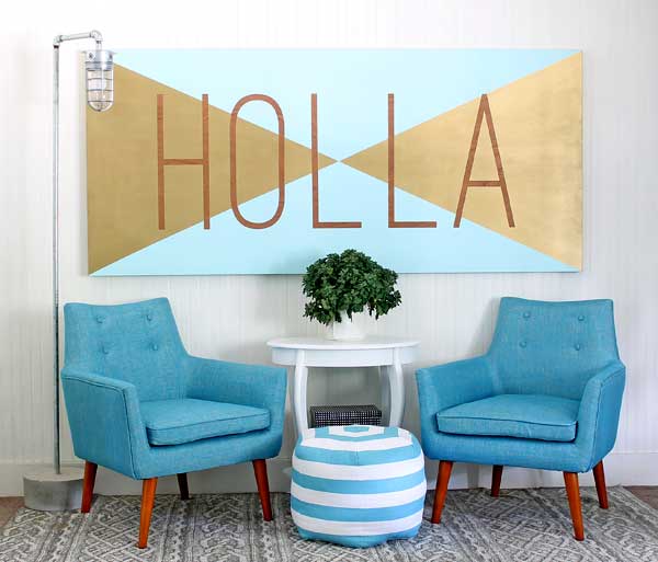 This modern space uses aqua, gold, and white to make a statement