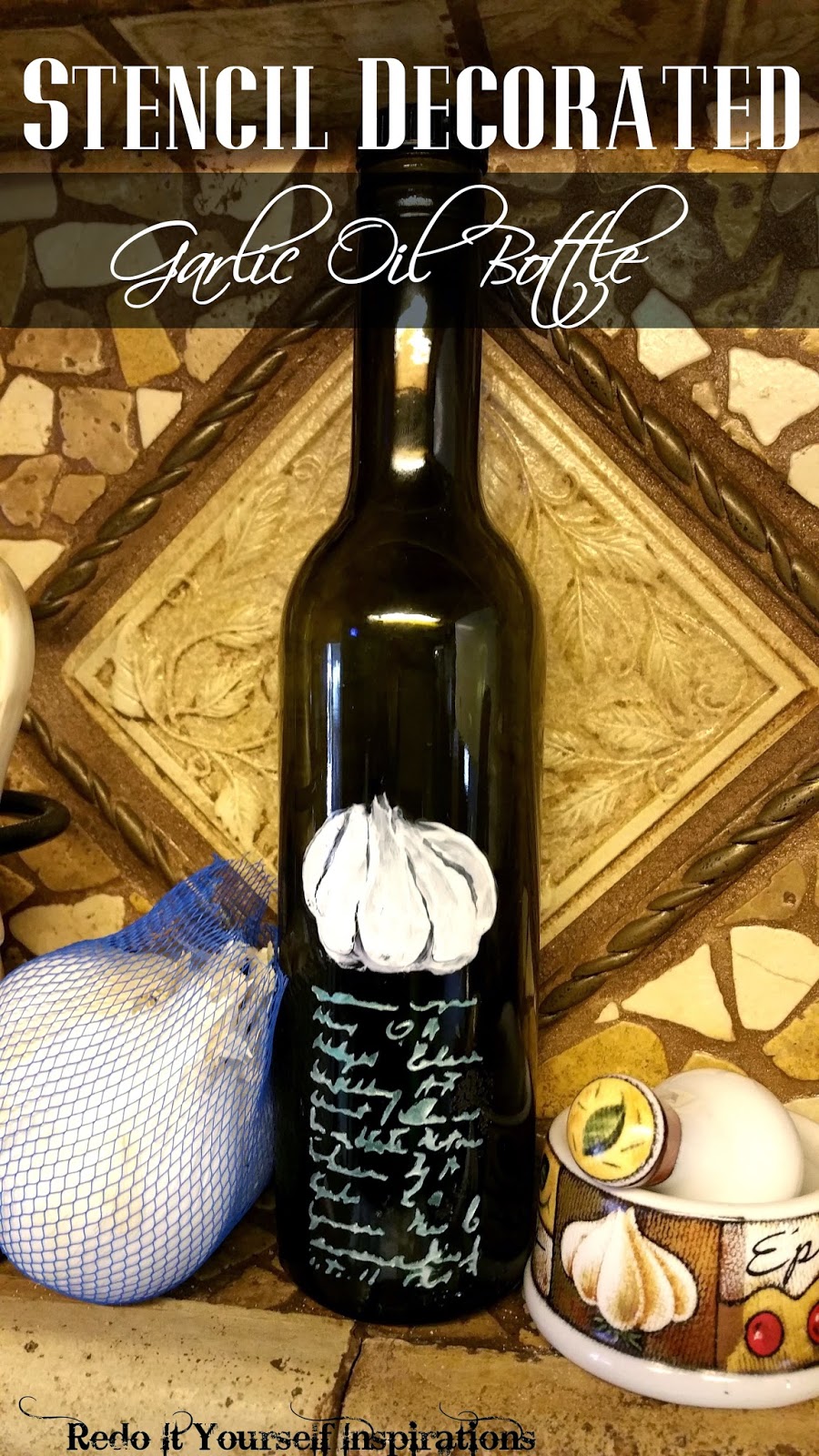 Stencile Decorated Garlic Oil Bottle