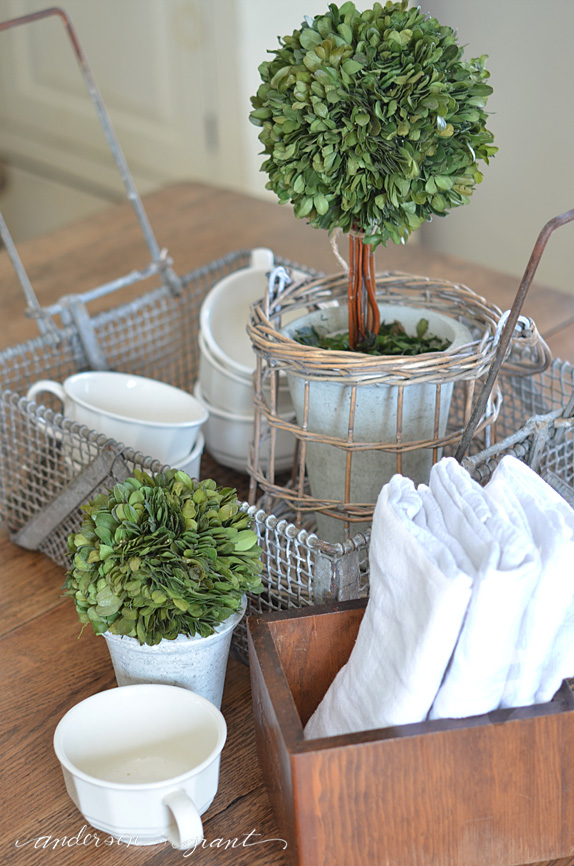 Unique basket repurposed as tray on dining room table