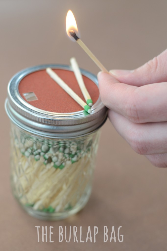This DIY mason jar creating has a top made to light matches. 