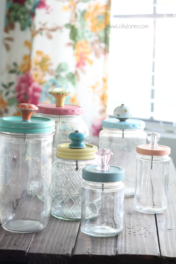 These mason jar canisters will glass knobs are great storage and colorful too. 