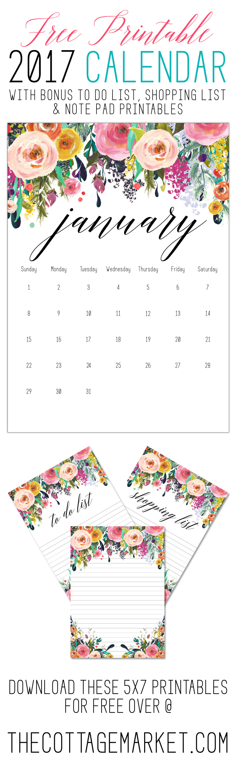 Free Printable 2017 Floral 5x7 Calendar The Cottage Market