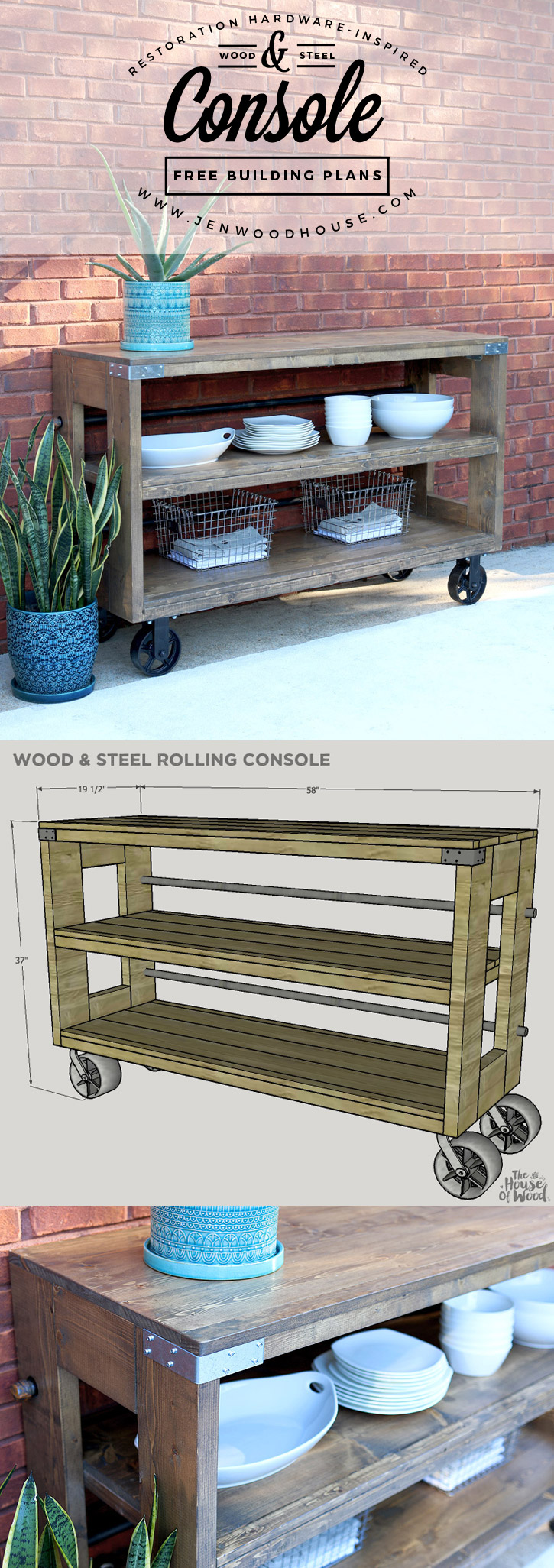 This rolling wooden console with steel accents is the perfect balance of industrial and classic. 
