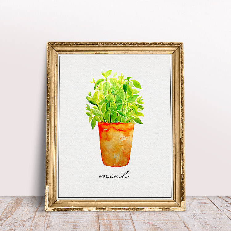 This herb printable featuring fresh green mint in a vase is adorable.