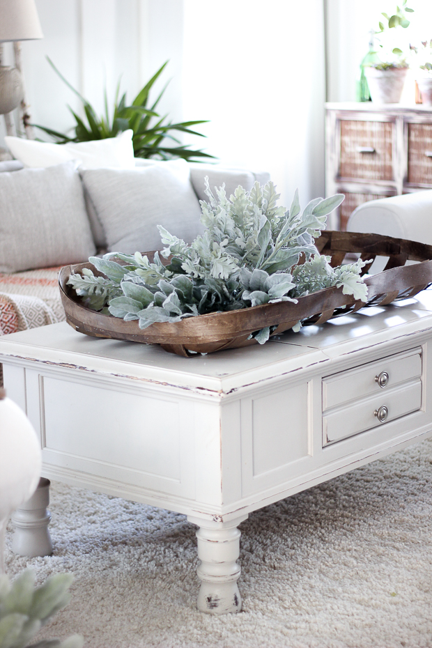 This distressed white coffee table works well with the fresh greenery. 