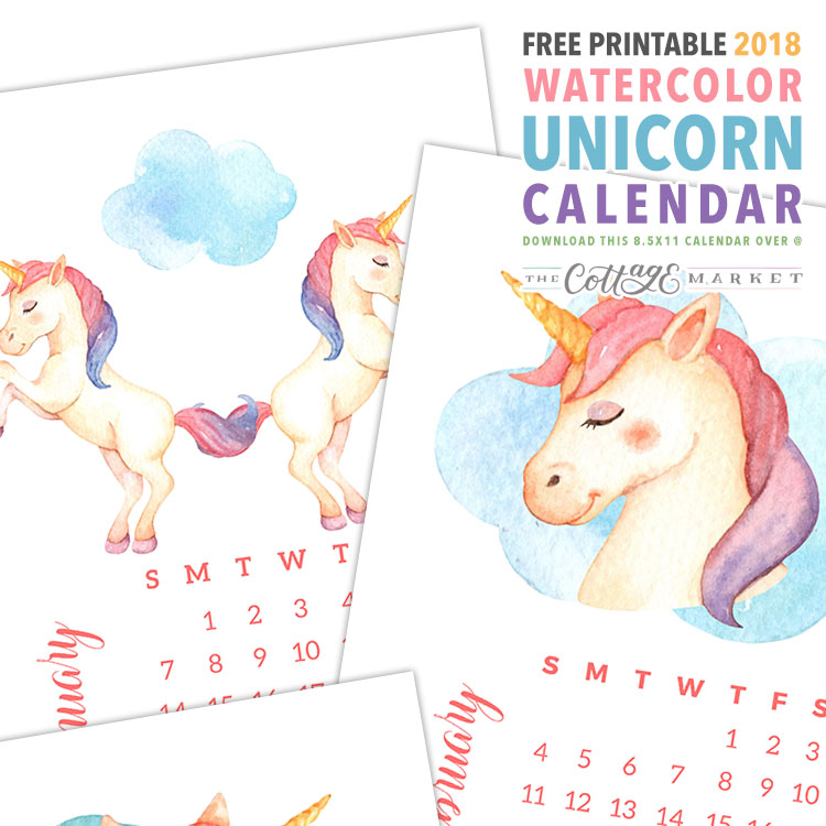 Watercolor Unicorn Calendar - 2018 Printable Calendars Collection