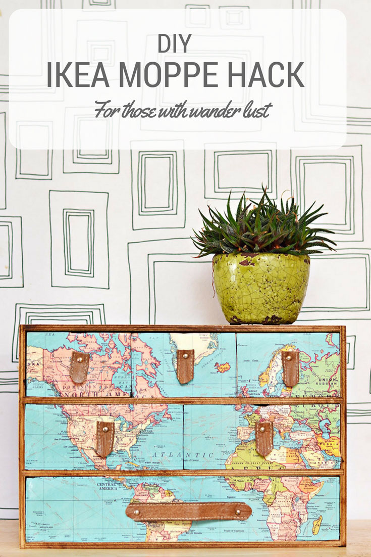 This IKEA Moppe was transformed into a stunning world map cabinet