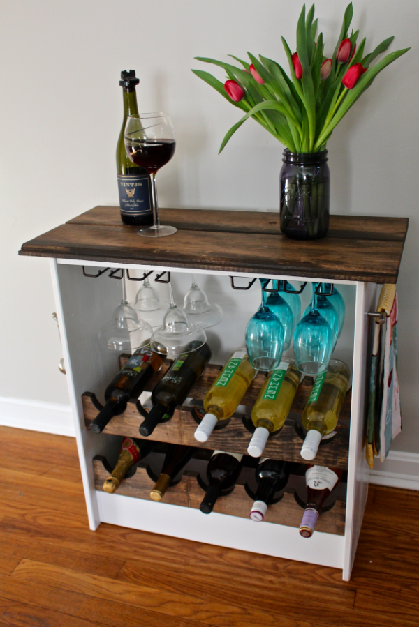 The farmhouse style bar area has tons of storage and organization space.