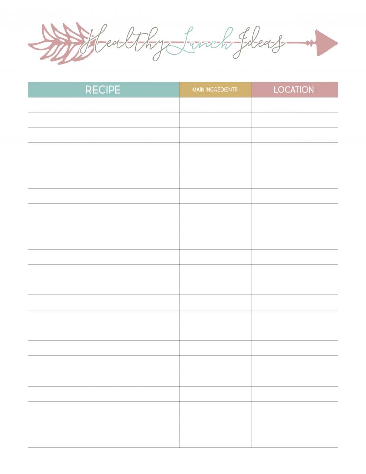 Use this free printable sheet to track healthy lunch recipe ideas.