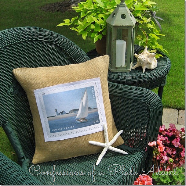 This DIY burlap pillow with a boating picture on the front is a nice coastal element. 