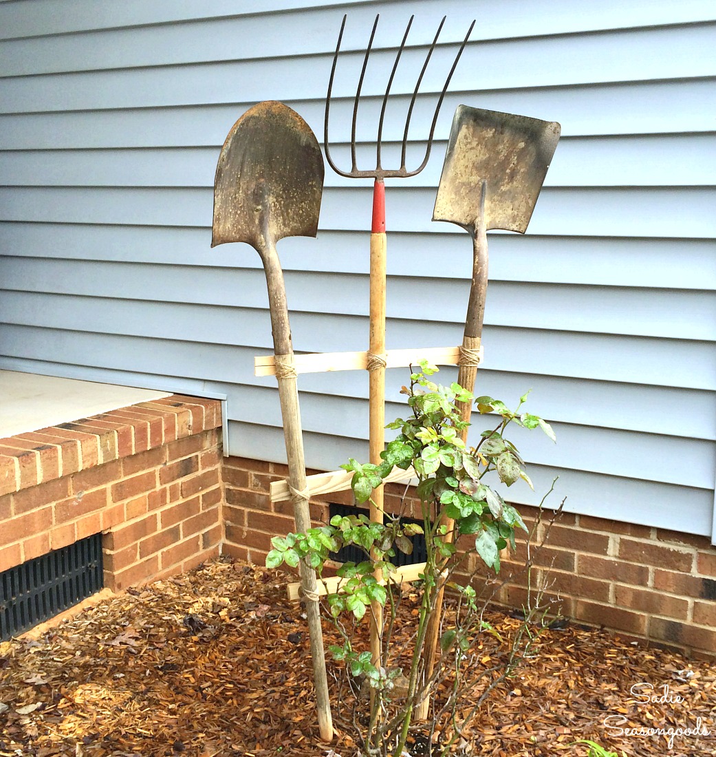 Using gardening tools as decor is a fun way to try something unexpected.
