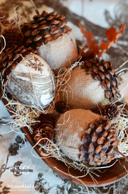 These DIY burlap toil acorns make for great centerpieces. 