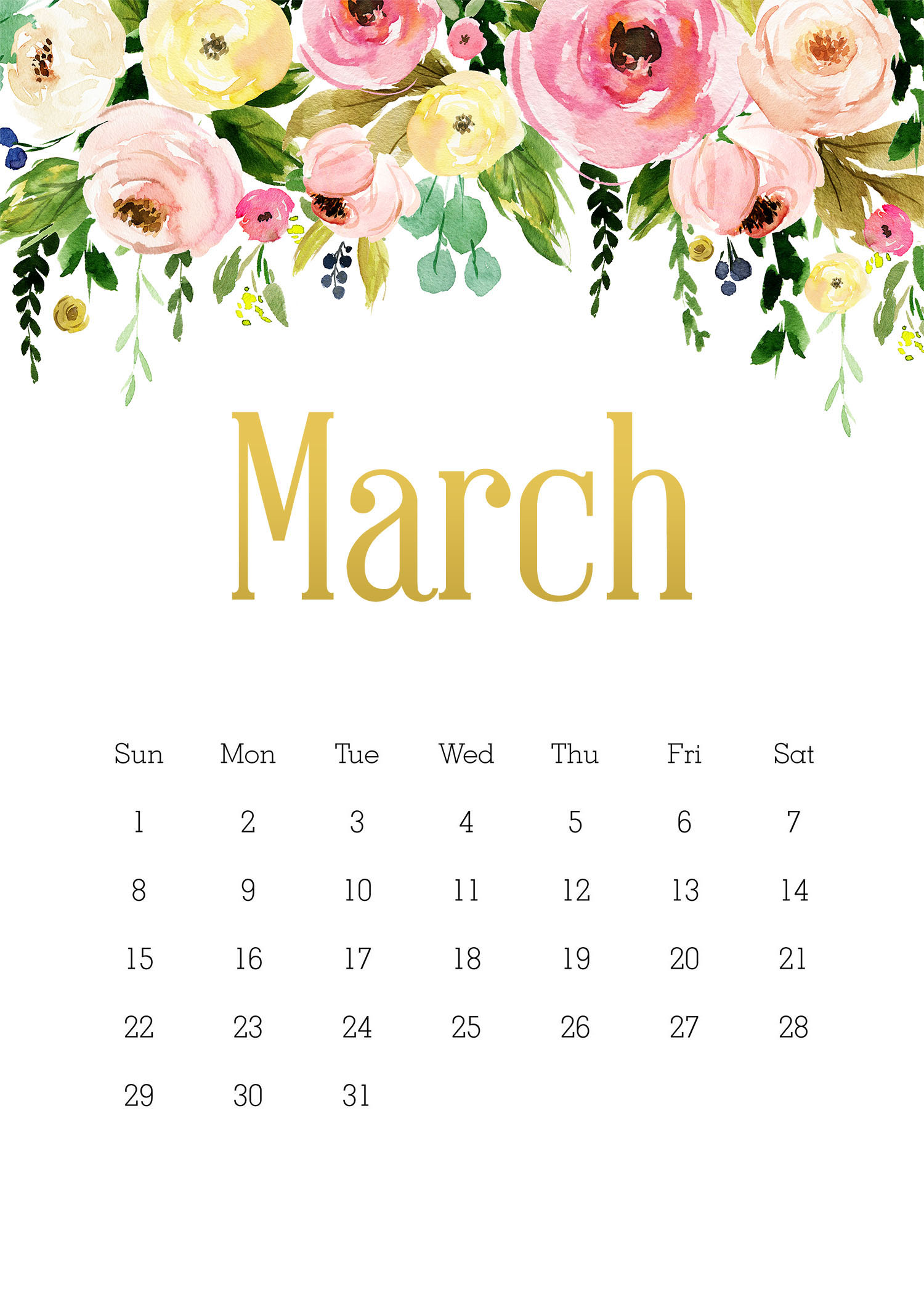Free Printable 2020 5x7 Pretty Floral Calendar With