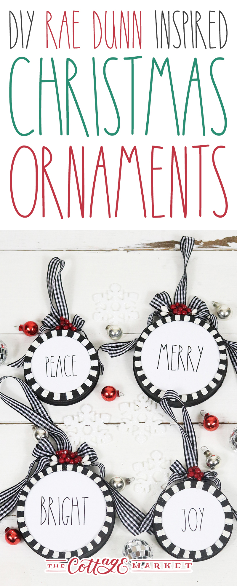 These DIY Rae Dunn Christmas Ornaments come with Free Printables to make it super easy for you to create!  Mason Jar lids and a few supplies and there you have it! 