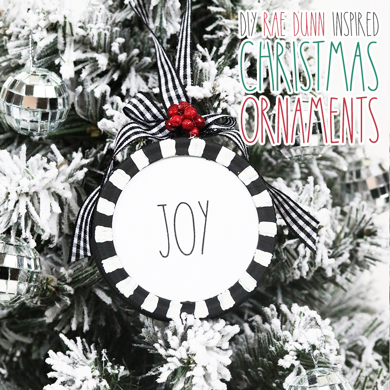 These DIY Rae Dunn Christmas Ornaments come with Free Printables to make it super easy for you to create!  Mason Jar lids and a few supplies and there you have it! 