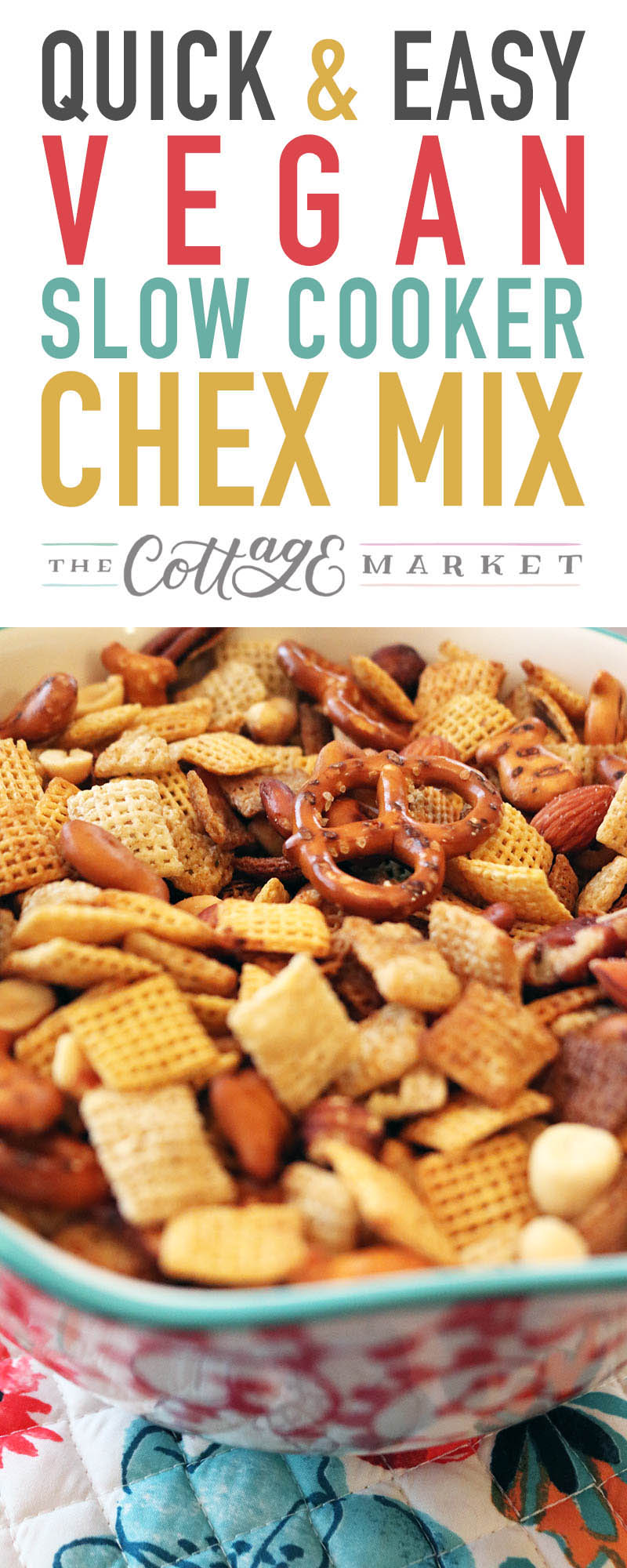Quick and Easy Vegan Slow Cooker Chex Mix is just what your party needs!  Why not have a snack even your Vegan Friends can enjoy.  Same great taste!