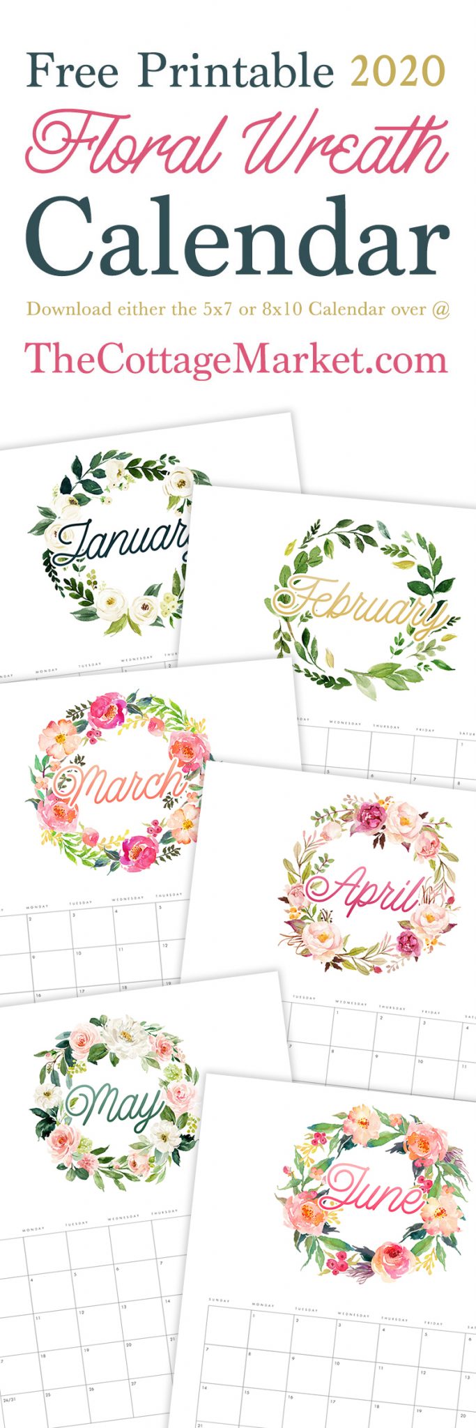 This Gorgeous Free Printable 2020 Floral Wreath Calendar is going to look amazing on your wall, bulletin board, desk or even in your planner!  It will keep you organized all year long!