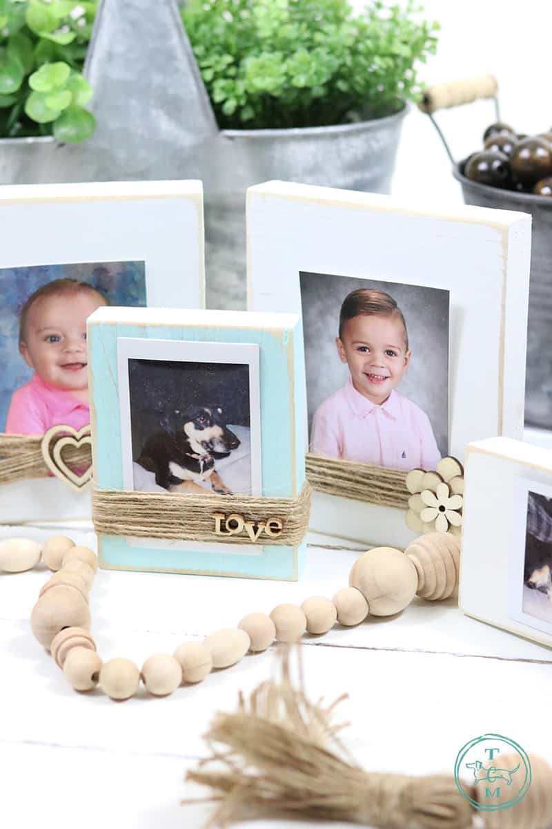 These Diy Farmhouse Style Wood Photo Blocks are so very easy to make and truly look amazing!  You can make them in any color or stain... embellish them or not and you can change photos in a second... really!
