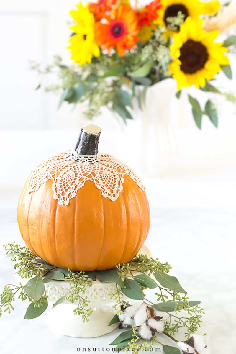 These Farmhouse Style No Carve Pumpkins for Fall will add so much charm and fun to your home decor.  They are all quick and easy to make and will make you smile all Season long!