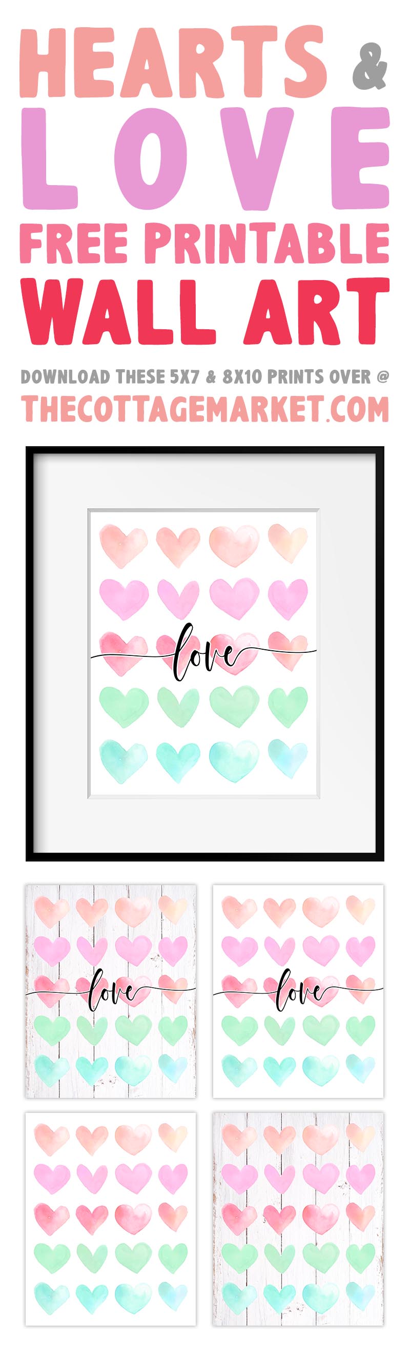 This Collection of Hearts and Love Free Printable Wall Art will add a touch of Love and Fun to your Walls, Vignettes, Galleries and more!  2 different sizes... 2 different backgrounds... 4 different designs!