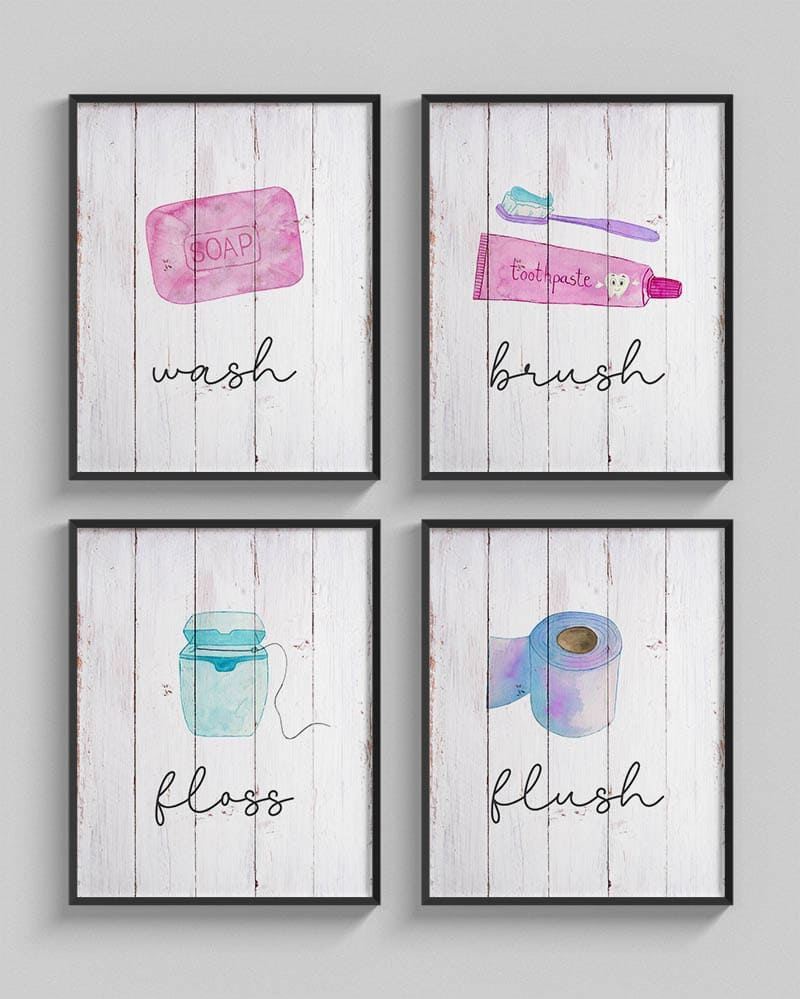 This Printable Bathroom Wall Decor Set is going to act as Bathroom Art and a Pretty Reminder on what needs to be done while in there! 