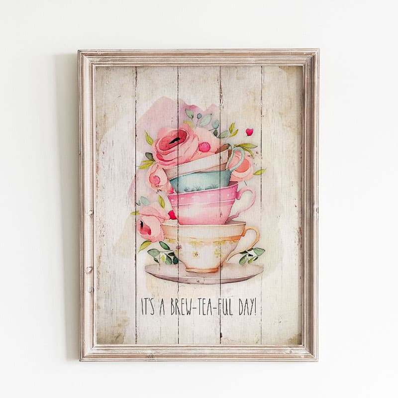 This Fun and Free Printable Cottage Chic Tea Party Wall Art uest might be wha you are looking o to add a smile and a touch of pretty to your wall!