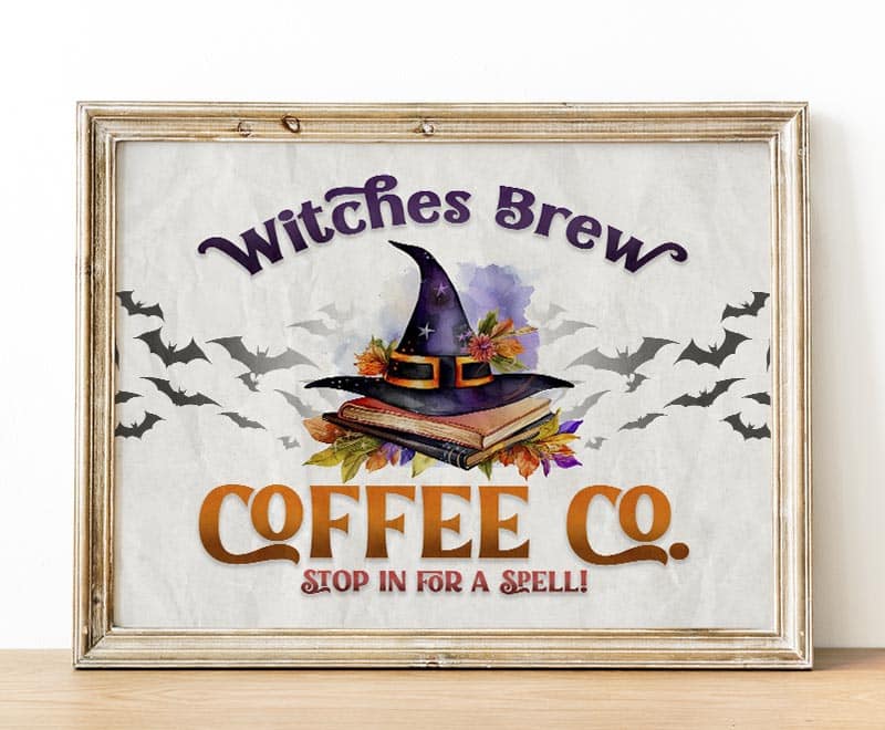 Elevate your coffee nook with our Free Printable Witches Brew Coffee Co. Sign. Customize sizes & backgrounds for enchanting vibes!