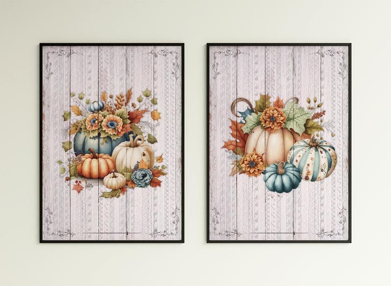 Elevate your autumn decor with Free Printable Autumn Pumpkin Vignettes - a stunning blend of pumpkins, sunflowers, and falling leaves.