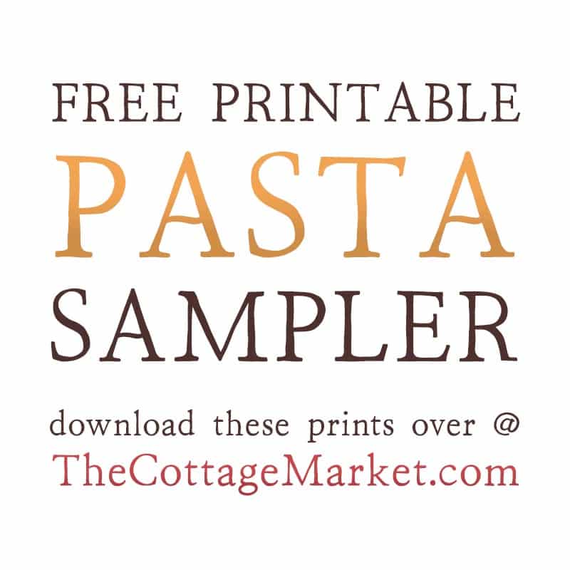 Elevate your kitchen decor with our Free Printable Pasta Sampler - available in 5 styles, 2 sizes (5x7 and 8x10). Perfect for pasta enthusiasts!