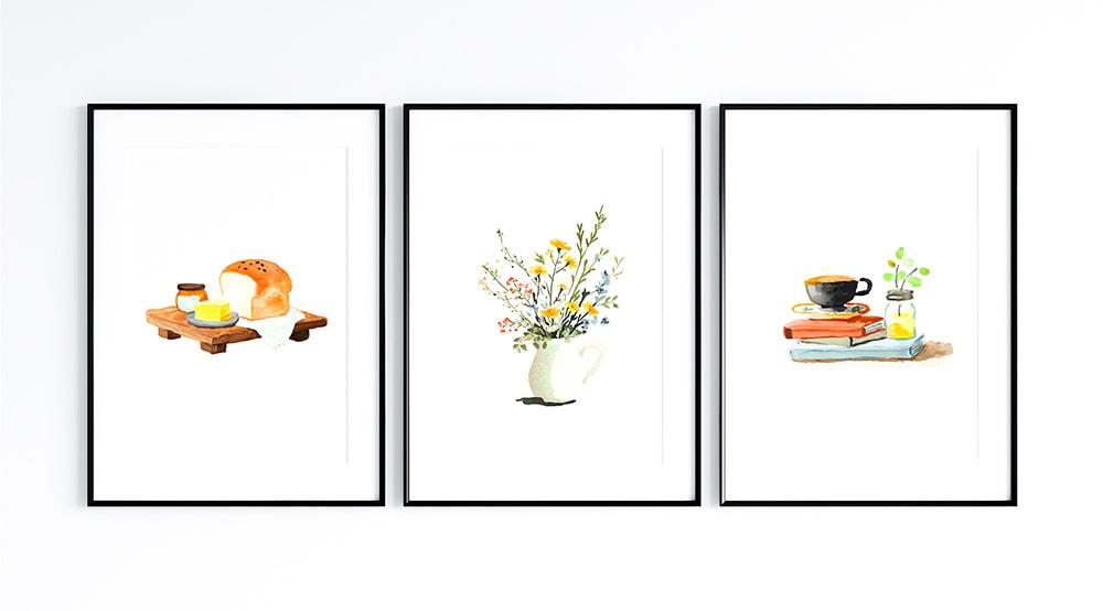 This charming cottage farmhouse set is all about simple, cozy moments captured in soft watercolor style.